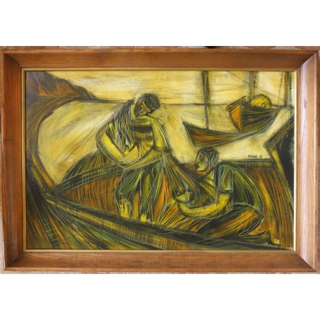 Yellow 1960s "Fisherfolk" Maritime Oil Painting by Moshe Katz, Framed For Sale - Image 8 of 8