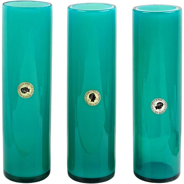 Priced Per Vase (3 vases available). Beautiful vintage Murano hand blown teal blue over opalescent white Italian art glass...