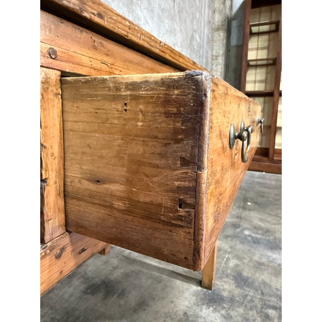 Wood 19th C French Draper’s Table Fruitwood Pine 4 Drawer Primitive 90” For Sale - Image 7 of 14