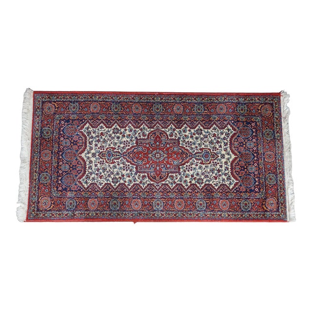 Vintage Hand-Knotted Oriental Geometric Medallion Wool Rug Ivory Crimson 3x6' For Sale