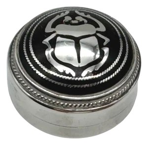 Egyptian Silver and Niello Enamel Scarab Motif Pill Box, Mid-20th Century