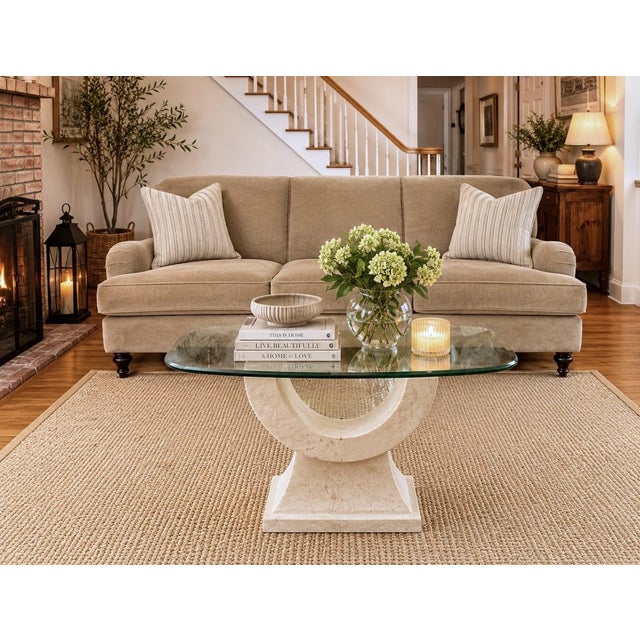 Travertine Sculptural Base Cocktail Drinks Coffee Side Table With Glass Top For Sale In New York - Image 6 of 18