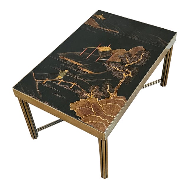 French Mid-Century Chinoiserie Black Lacquered Gilt Metal End Table For Sale