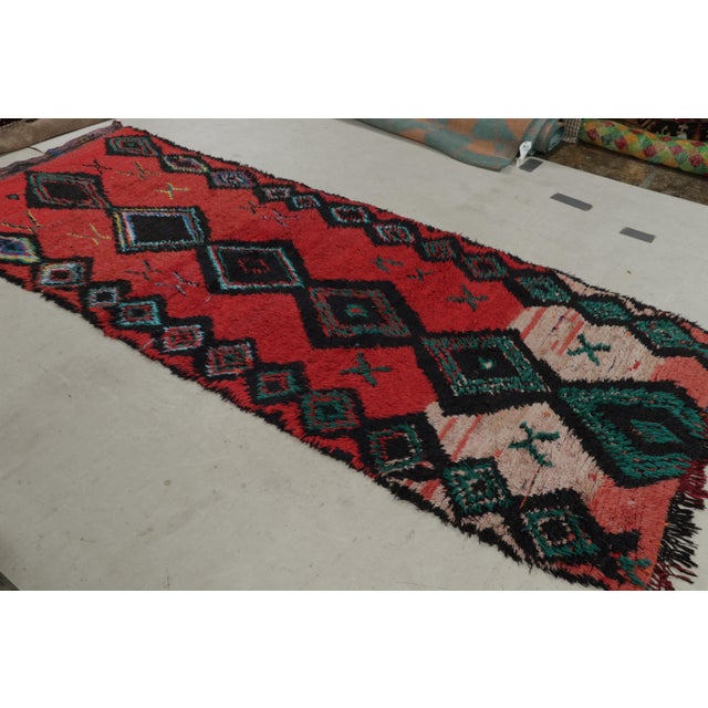 Contemporary Vintage Mid-Century Moroccan Geometric Diamond Red Green and Black Wool Shag Rug For Sale - Image 3 of 10