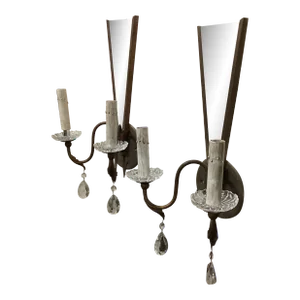 Mid 20th Century Triangle Mirror-Backed Sconces From France - a Pair