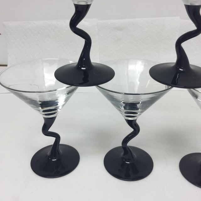 Vintage Martini Glasses With Crooked Stems and Black Cut to Clear Set