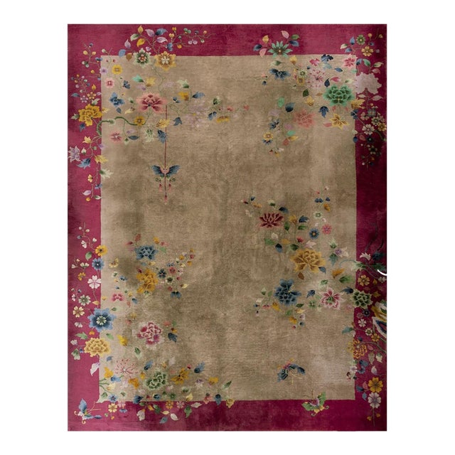 1920s Tan Ecru Floral Shah Abbas Antique Chinese Art Deco Wool Rug 8'8''x 11'6'' For Sale