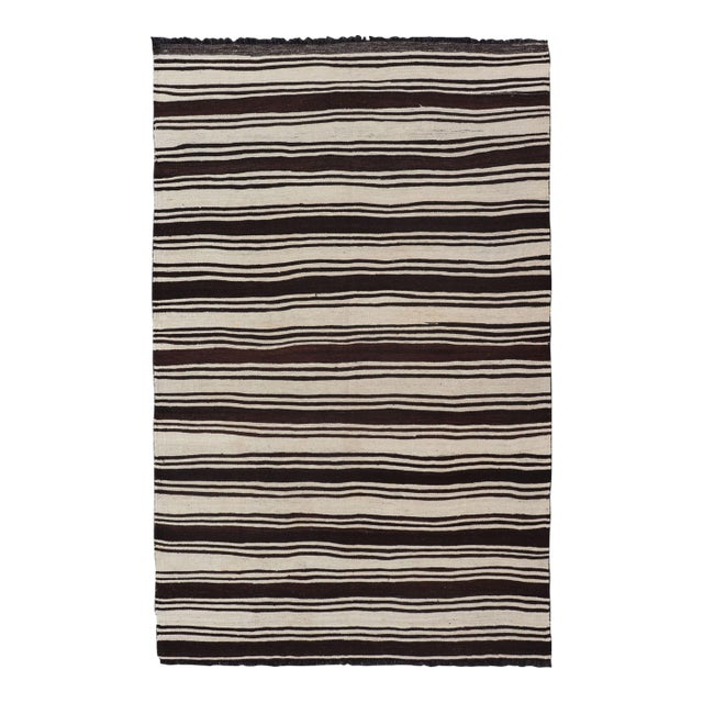 Vintage Turkish Kilim Rug With Ivory Ground and Deep Brown Stripes For Sale