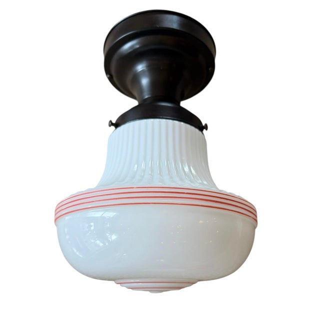 1930s Vintage Schoolhouse Flush-Mount Ceiling Light With Red Accent Stripes For Sale - Image 5 of 6