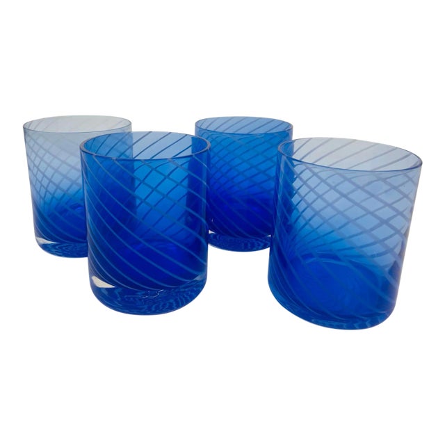 Cobalt Blue Drinking Glassware Set of 4 Spiral Lowball Italy 1980s For Sale
