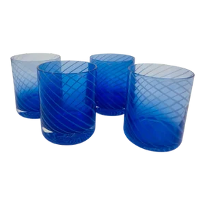 Cobalt Blue Drinking Glassware Set of 4 Spiral Lowball Italy 1980s