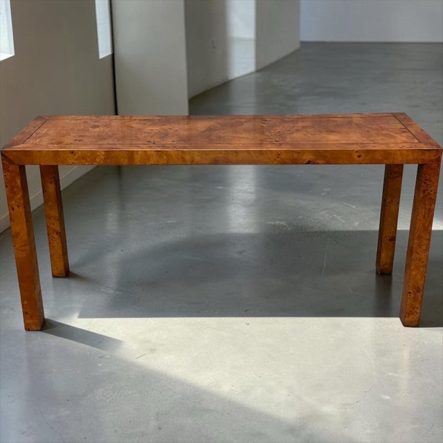 Milo Baughman 1970s Milo Baughman Style Burl Olive Wood Parsons Style Console Table For Sale - Image 4 of 6