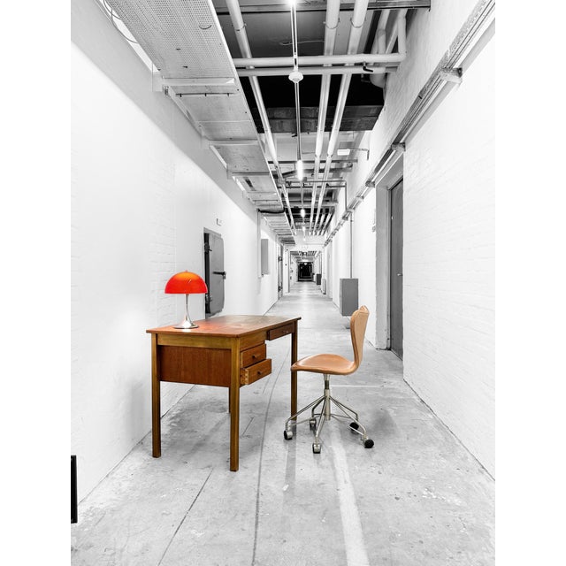 Petite freestanding writing desk in teak by a Danish cabinetmaker, Denmark, c. 1950s. The compact desk features an...
