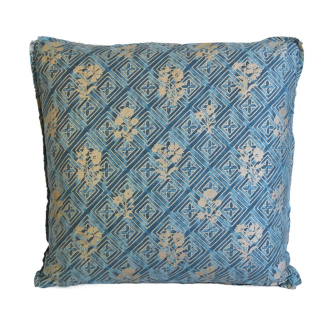 Custom-tailored pillow in Italian designer Mariano Fortuny's cotton fabric, "Jupon Bouquet," in a beautiful blue-and-...