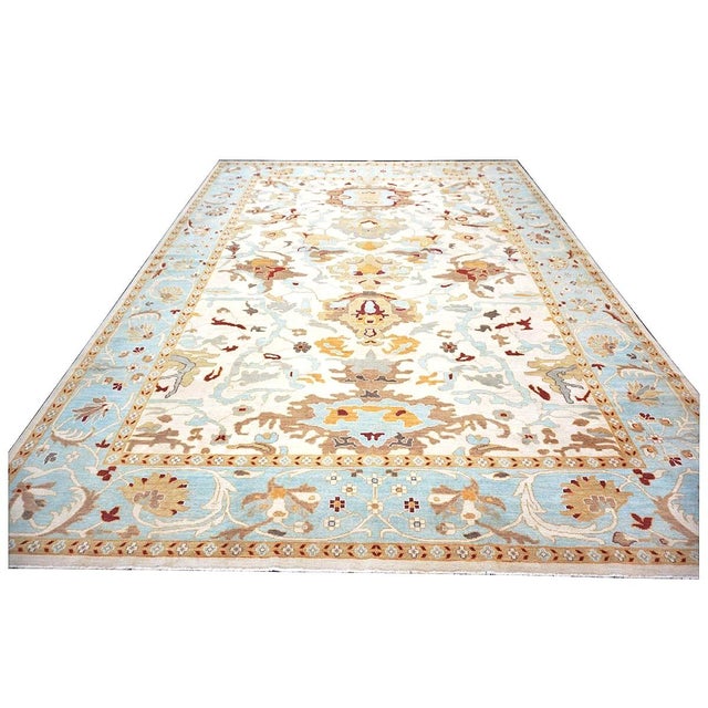Afghan Sultanabad Wool 10x14 Blue, Tan & Ivory Handmade Area Rug #1143655 For Sale - Image 4 of 8