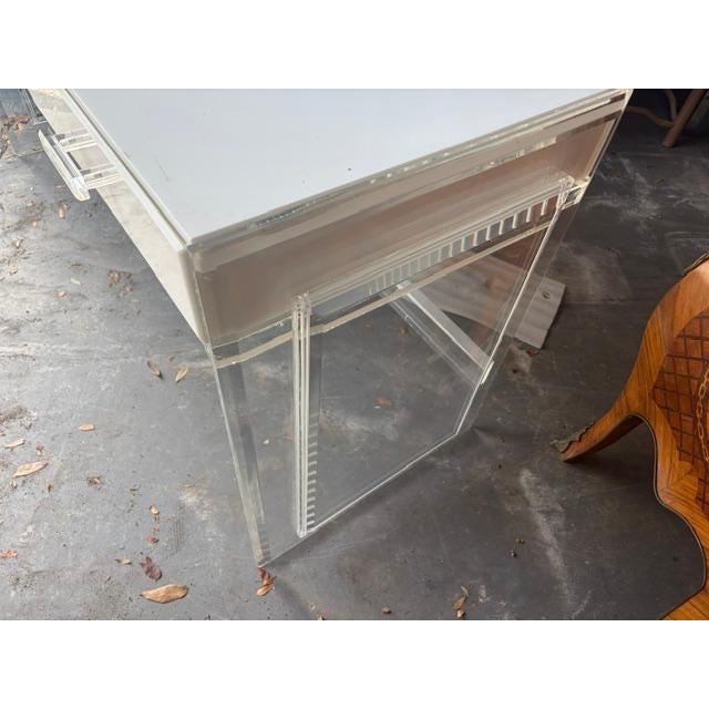 1970s 1970s White and Lucite 66 Inch 3 Drawer Writing Desk For Sale - Image 5 of 9