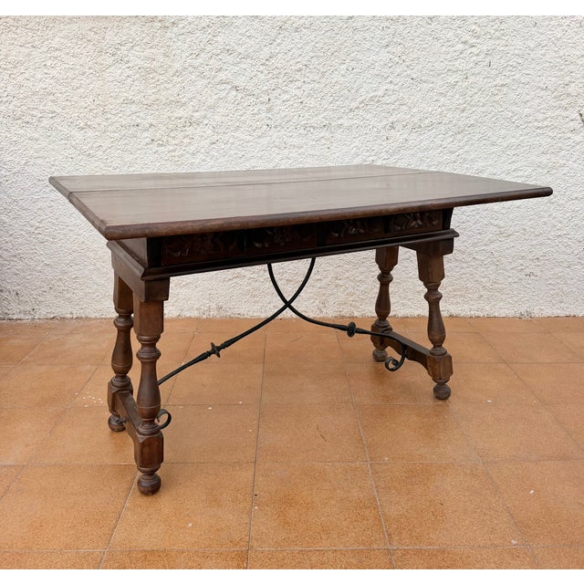 Brown 1940s Spanish Carved Wood Drop-Leaf Table With Iron Stretcher For Sale - Image 8 of 12