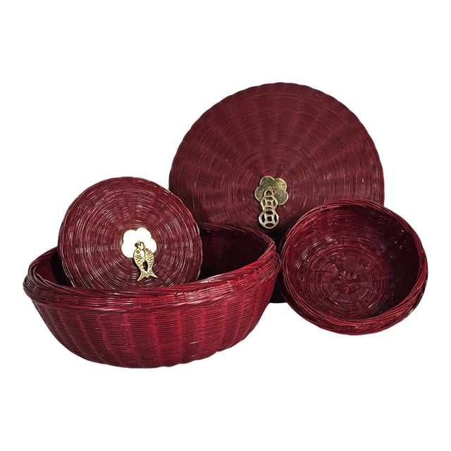 Vintage Chinese Hand Woven Wicker Baskets With Lids and Brass Handles – Set of 2 For Sale