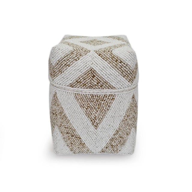 Beautiful vintage hand beaded accessory box made from woven bamboo and intricately covered with geometric triangle...