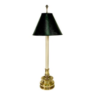 Mid-Century French Regency Neoclassical Candlestick Table Lamp & Reptile Embossed Black Shade For Sale