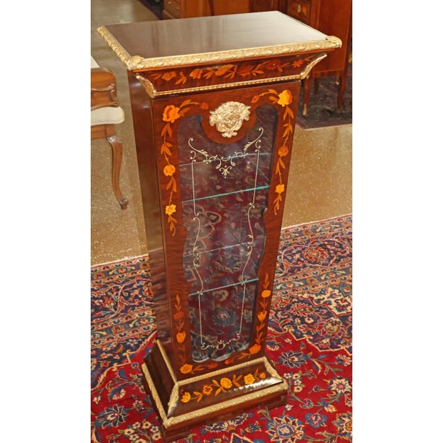 French Italian Louis XV Style Inlaid Glass Door Pedestal Cabinet For Sale - Image 3 of 10