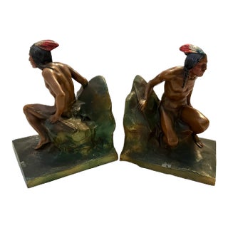 Vintage K & O Hand Painted Native American Scout Bookends-Pair For Sale