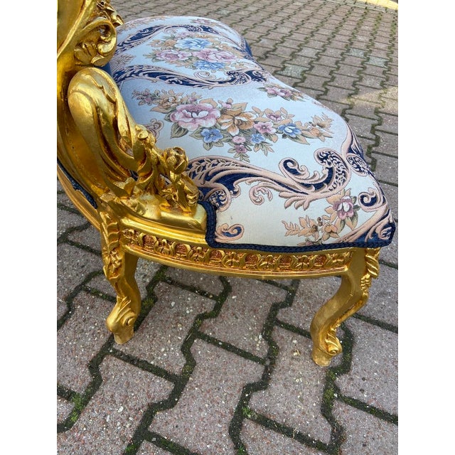 1980s French Louis XVI Blue Gold Beech Velvet Settee For Sale - Image 12 of 14