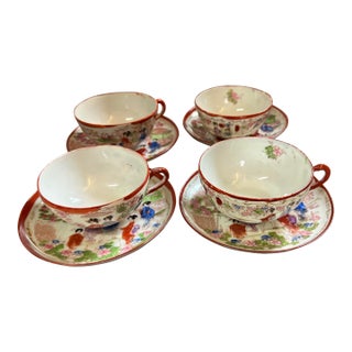 Vintage Asian Eggshell Porcelain Geshia Tea Cups & Saucer -8 Pieces For Sale