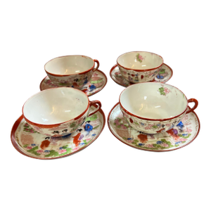 Vintage Asian Eggshell Porcelain Geshia Tea Cups & Saucer -8 Pieces