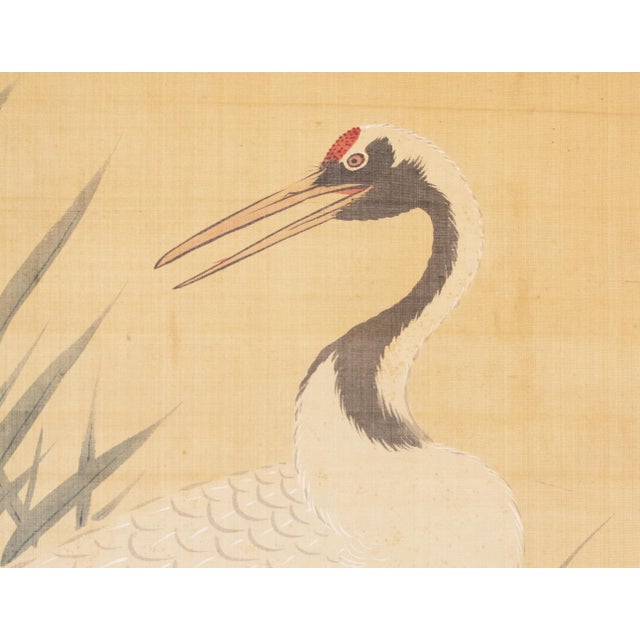 Textile XL Meiji Era "Two Cranes" by Kishida Kinkoku, Japanese Silk Scroll Painting in Wooden Case For Sale - Image 7 of 17