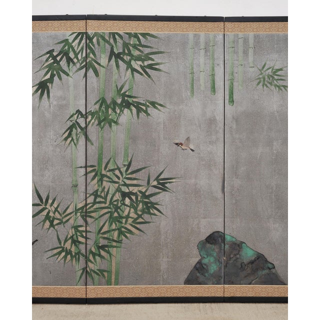 Wood Japanese Showa Four Panel Screen Bamboo in Misty Landscape For Sale - Image 7 of 18