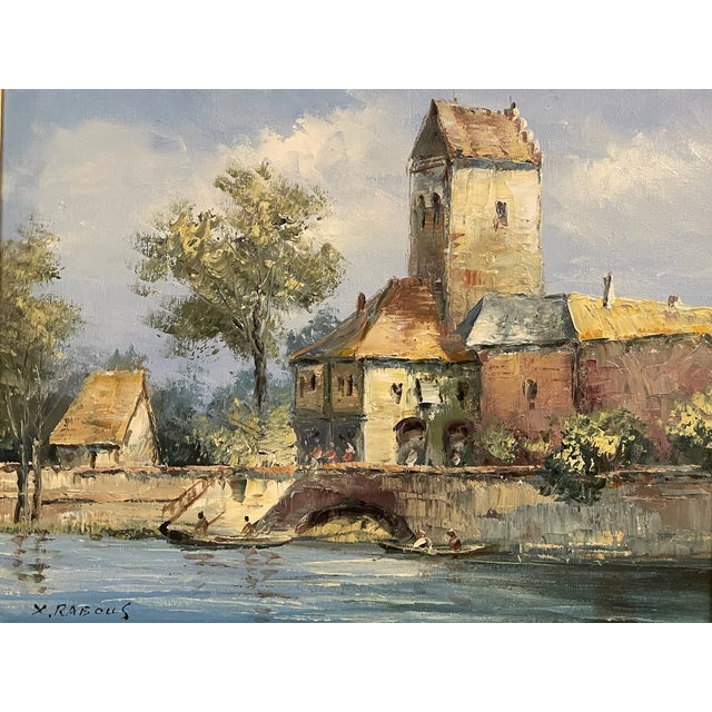 20th century artist. Maritime, village, houseboat, river, painting. An oil on canvas is signed on the lower left X....