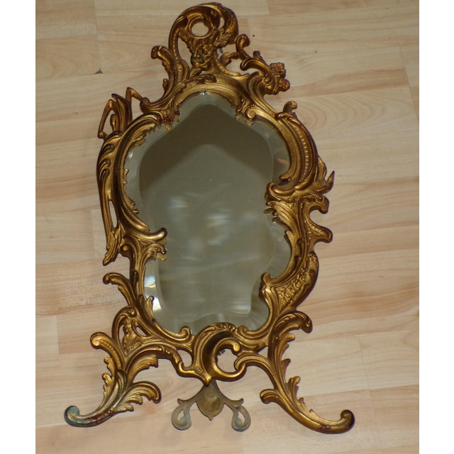 Antique NB&IW Gold Gilt Rococo Brass Table Mirror Free Standing Vanity Mirror. Vintage freestanding table mirror features...