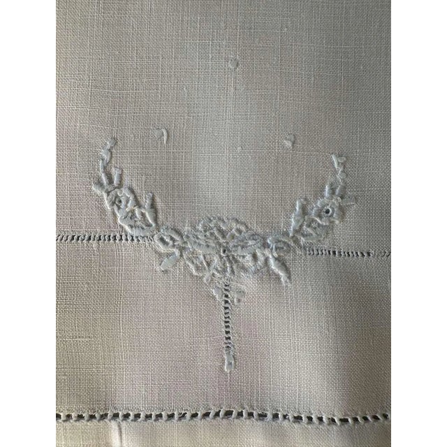 Vintage Heirloom Linen Guest Towel with Hand Drawn Thread Medallion and Blue Embroidery, Single European Fingertip Towel For Sale In Philadelphia - Image 6 of 10