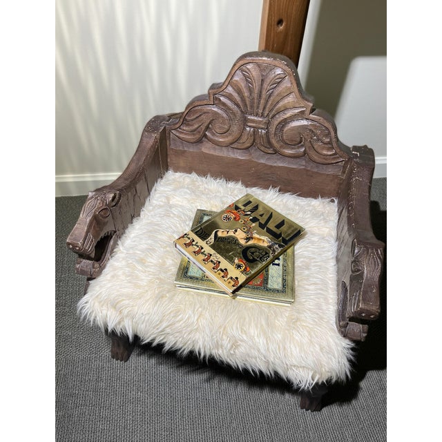 Mexican Early 20th Century Mexican Hand Carved Solid Wood Lion Chairs With Sheepskin Cushions For Sale - Image 3 of 7