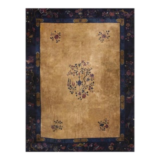 1920s Camel Floral Vase Modern Antique Chinese Art Deco Wool Rug 8'10" X 11'6" For Sale