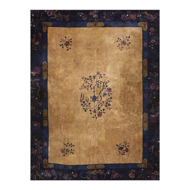 1920s Camel Floral Vase Modern Antique Chinese Art Deco Wool Rug 8'10" X 11'6" For Sale