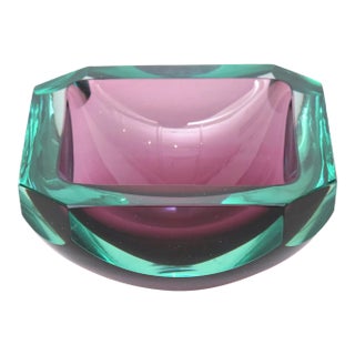 Vintage Murano Faceted Paddled Glass Bowl Emerald Green and Purple, 1960's For Sale
