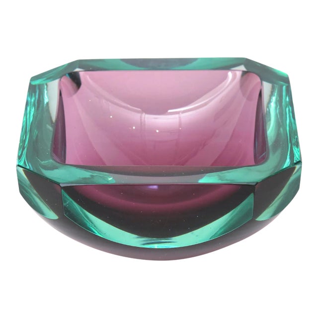 Vintage Murano Faceted Paddled Glass Bowl Emerald Green and Purple, 1960's For Sale