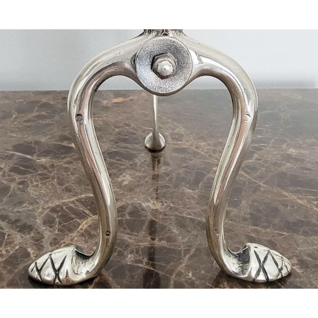 Pair of Brass Fireplace Andiron Set in Silver Antique Finish For Sale - Image 4 of 7