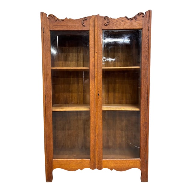 Antique Victorian Oak Glass Front Bookcase Cabinet For Sale