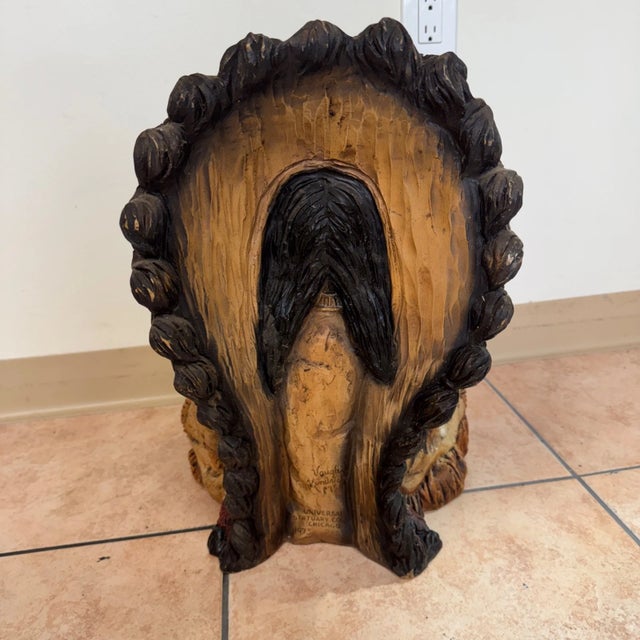 Vintage 1973 Hand Carved Wood Native American Indian Chief Statue 24" Signed For Sale - Image 4 of 14