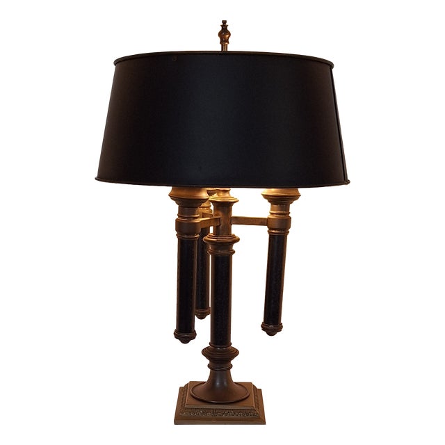 Vintage English 3-Light Table Lamp with Brass Frame and Shade, 1970s For Sale