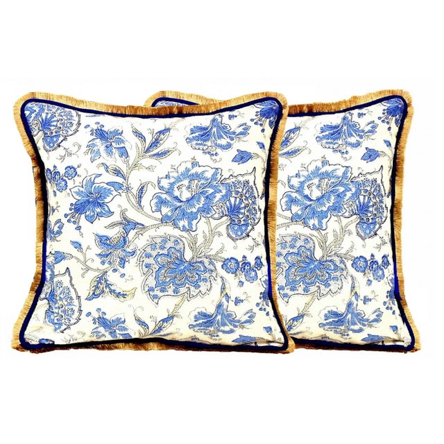 Textile 18th Century French Blue Floral Linen Fringe Pillow With Piping For Sale - Image 7 of 12