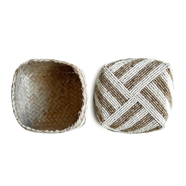 Asian Vintage Bamboo Beaded Tan & White Striped Box X-Small For Sale - Image 3 of 8