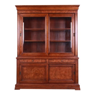 Ethan Allen French Louis Philippe Burl Wood Lighted Breakfront Bookcase Cabinet For Sale