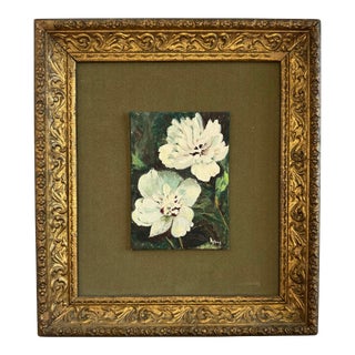Vintage Impressionist Still Life Framed "White Peonies" Original Oil Painting For Sale
