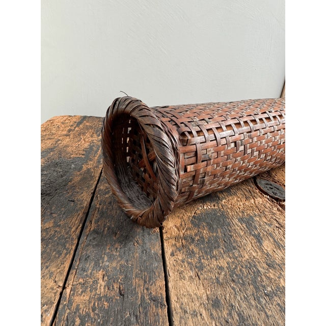 Brown Antique Cylindrical Tall Japanese Woven Rattan Vase For Sale - Image 8 of 10