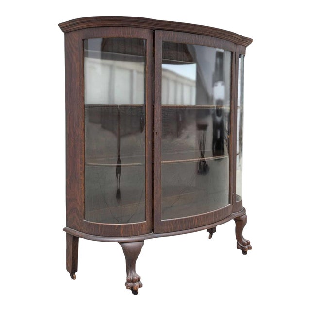 Vintage Oak Bow-Front Curved-Glass China Cabinet With Claw Feet For Sale