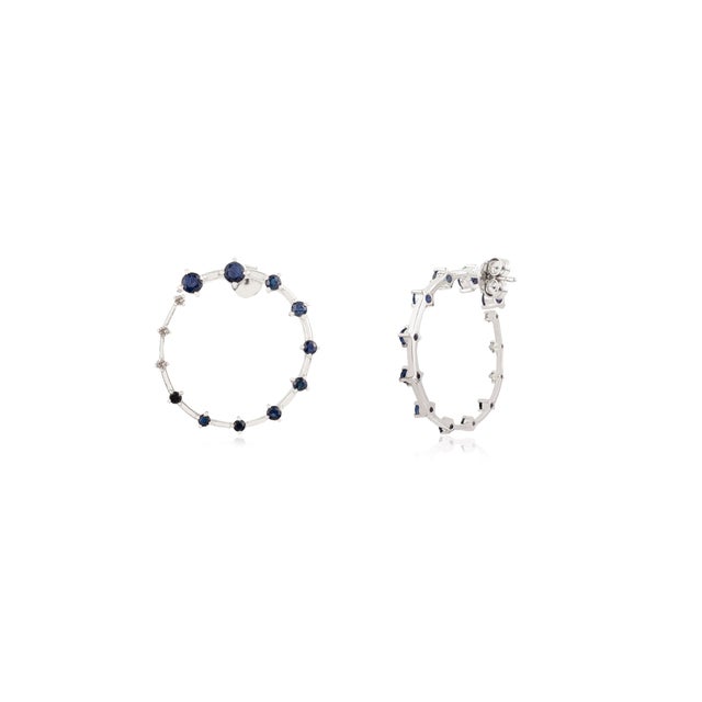 Modern Station Hoop Earrings in Silver With Blue Sapphire & Diamond- A Pair For Sale - Image 4 of 7